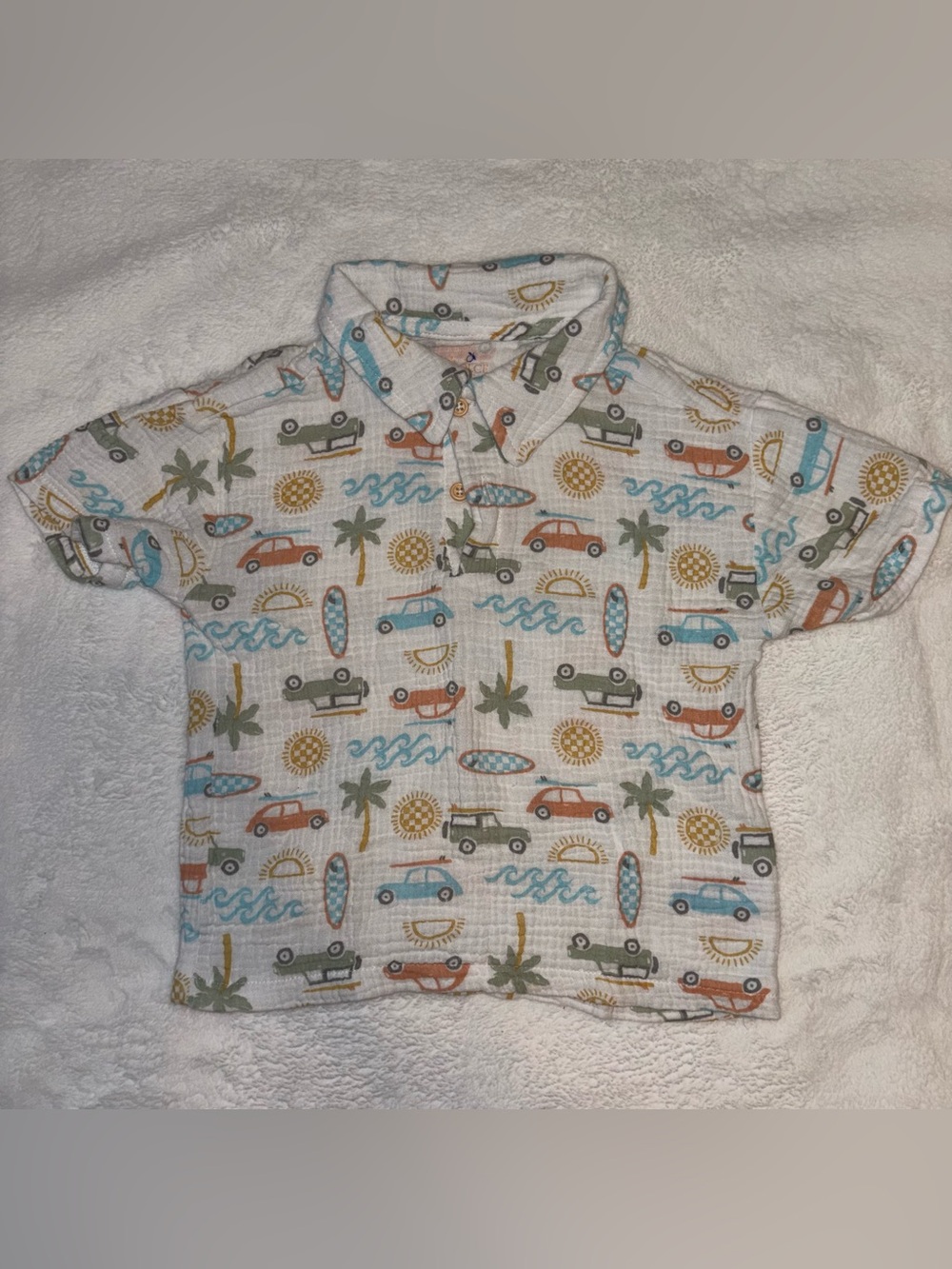 Kids Beach Print Cotton Short Sleeve Shirt - White with Blue, Orange, Green